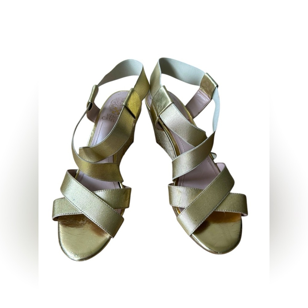 5/$25 Vince Camuto metallic gold strappy wedge heels size 7.5